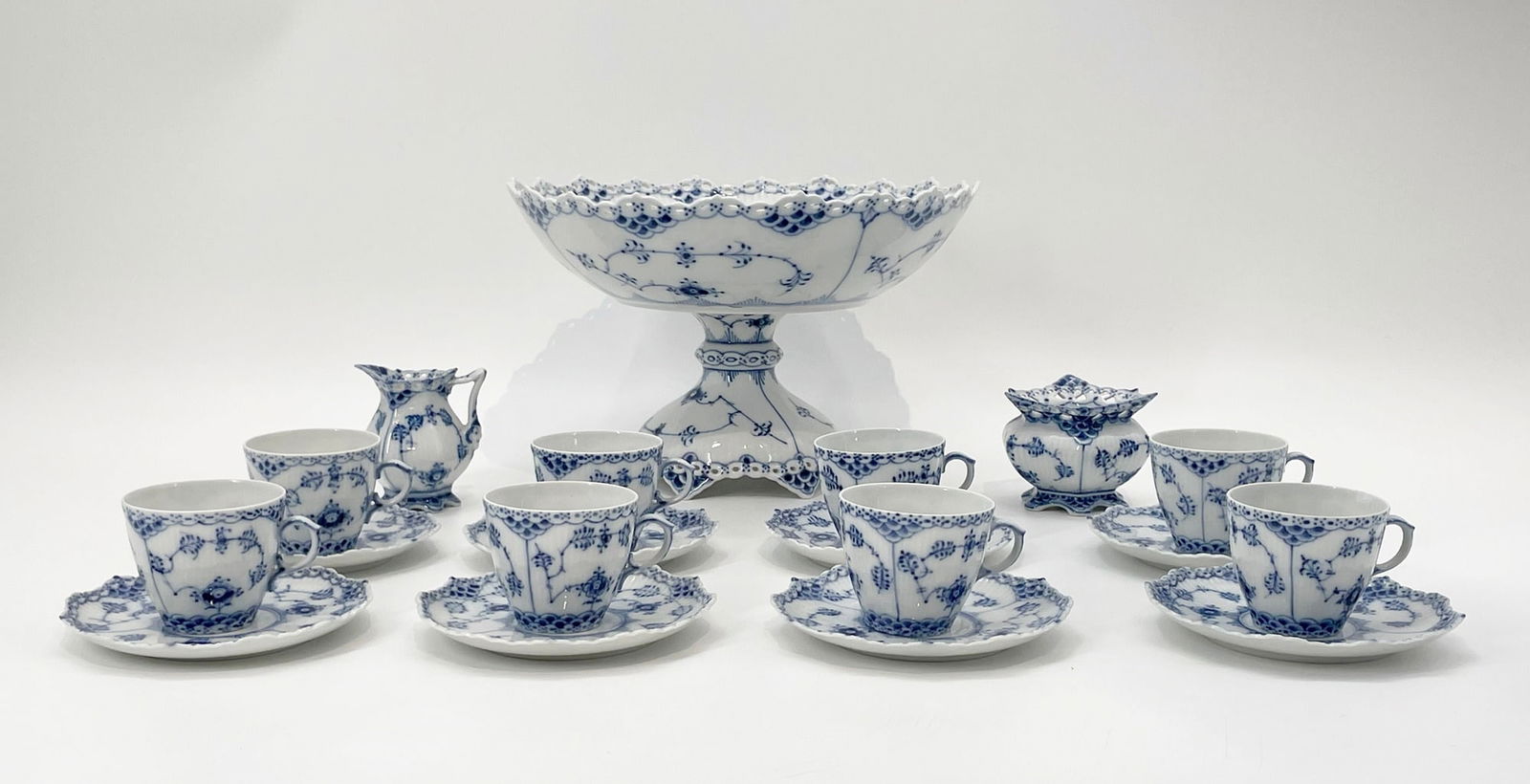 Fluted Full Lace Bowl on High Foot & 8 Cups & Saucers, Creamer & Sugar Bowl,  By Royal Copenhagen (1 of 20)