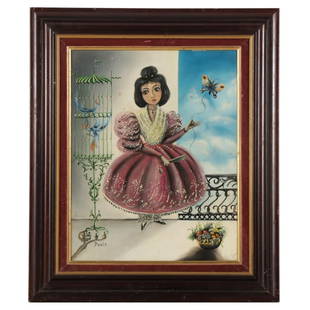 South American Folk Art Oil Painting of Female Portrait: Artist: Paulo Untitled (portrait of young woman with a butterfly), mid to late 20th century Oil painting on composite board Signed Paulo to the lower left Item not examined outside of