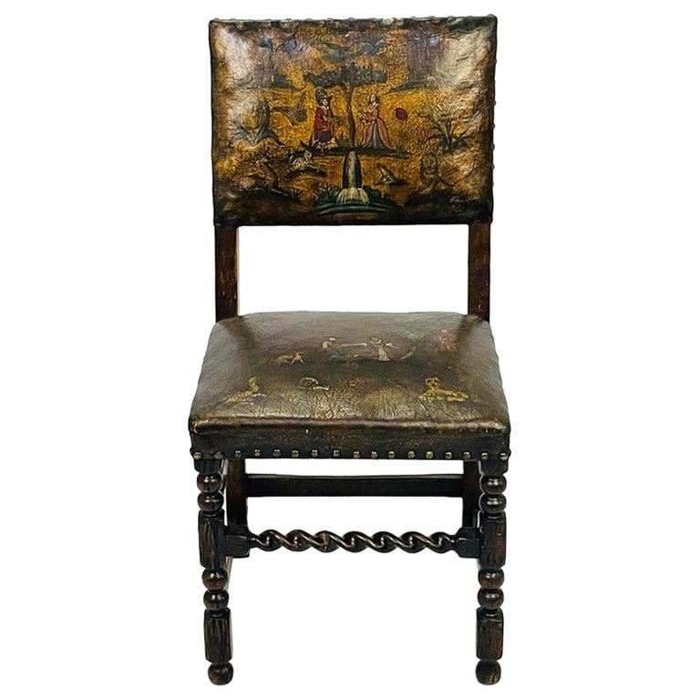 Antique Leather & Wood Chair With Painting on Seat & Backrest, Made in France (1 of 16)