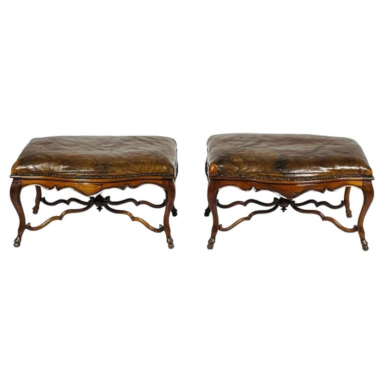 Pair of Antique Benches in Mahogany & Leather, Made in France (1 of 15)