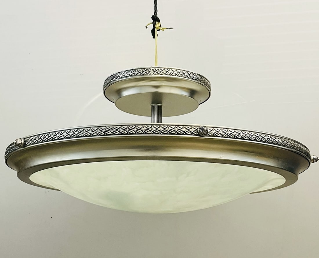 Large Chandelier Made in Spain: Beautiful chandelier with an antique nickel frame and a reverse painted glass shade. The piece is made in Spain. Measurements: 25.50 inches in diameter x approximately 12 inches high. All items are so