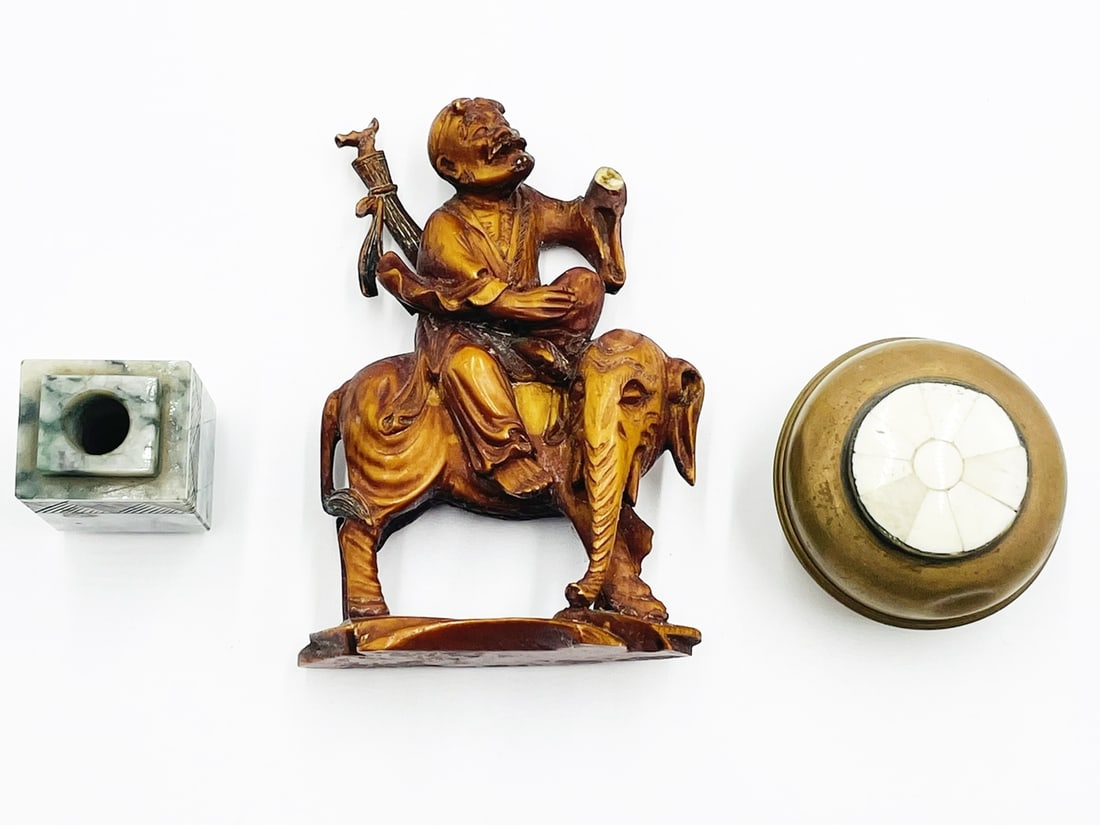 Set of 3 pieces, a man riding an elephant, brass Box and a stone candle holder. (1 of 18)