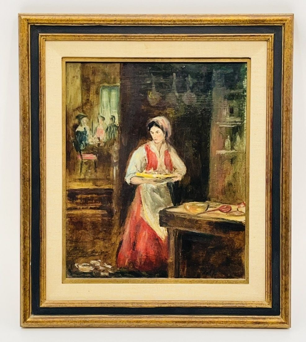Vintage Oil on Canvas Painting of a Woman, Signed M.H.: Vintage oil on canvas painting depicting a scene of a homemaker in the kitchen tending to some guests waiting in another room. The paiting is signed by the artist. Measurements: 16 7/16 inches high