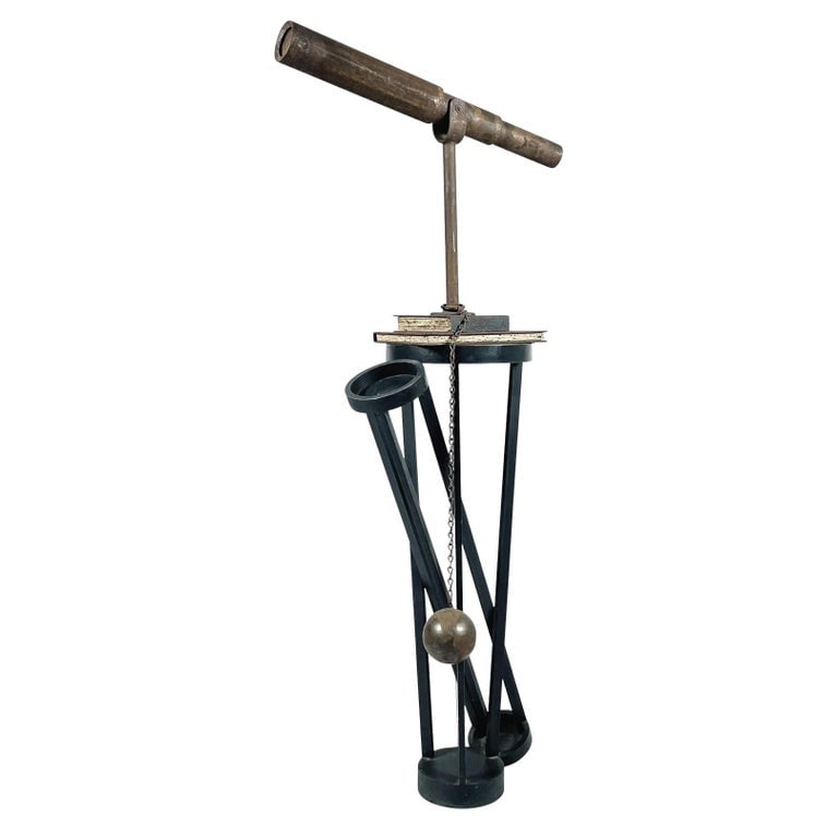 -Fictions- Welded Steel Sculpture by Rod Baer, Ca 1994: Stunning floor sculpture by California Native Rod Baer. The sculpture is tittled "Fictions" depicting a telescope sitting on top of books with a World hanging to a chain all sitting on top of a black 