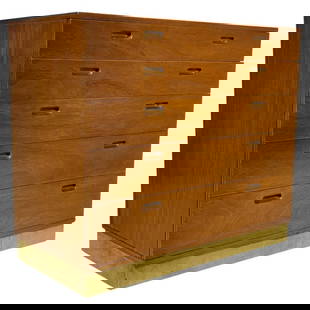 Mid Century Modern Chest of Drawers/Secretary by Edward Wormley for Dunbar: Vintage chest of drawers designed by Edward Wormley for Dunbar. The cabinet has 4 drawers and the top drawer pulls out and collapses and can be used as a secretary desk, the back of the drawer has sm