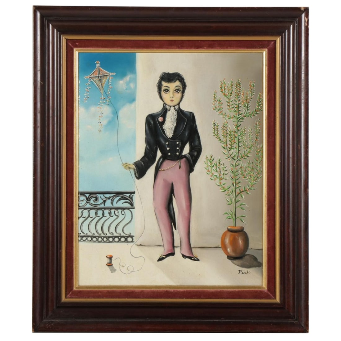 Folk Style Oil Painting of Man Holding Kite: Artist: Paulo Untitled (portrait of young man holding kite), mid to late 20th century Oil painting on composite board Signed Paulo to the lower right Item not examined outside of mounting Dime