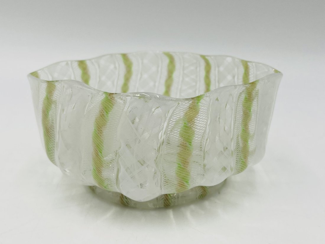 Vintage Zanfirico & Aventurine Murano Glass Bowl by Salviati: Here, we have a fine vintage Murano glass bowl which was made by Salviati, Murano in Italy. It is made using the Zanfirico / Latticino technique - where fine canes have been stretched and twisted to f