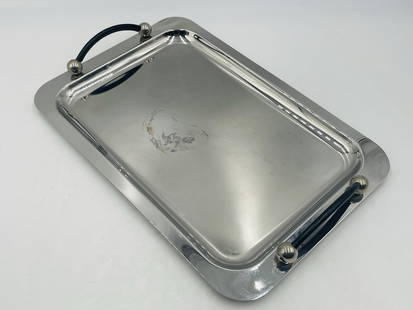 Waterford Stainless Steel Serving Tray with Leather Handles: Marquis by Waterford Crystal stailess steel serving tray with black leather wrapped handles marked, Marquis Waterford 18/10 Stainless steel. Measurements: 1.50 high including handle x 18.50 inches wi