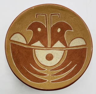 Native American Red Clay Pottery Bowl Signed CPI Garcia, San Juan Pueblo: Beautiful Native American Red Clay pottery bowl with a twin Eagle design. The piece is signed CPI Garcia, San Juan Pueblo. Measurements: 7.75 inches diameter x 2 inches high. All items are so