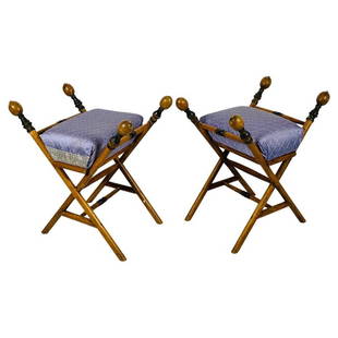 Pair of Middle Eastern Style Stools/Benches: Pair of Middle Eastern Style Stools, the perfect addition to any home décor. These stools are designed with comfort and style in mind, the cushions are upholstered in a lavender silk fabric and the f