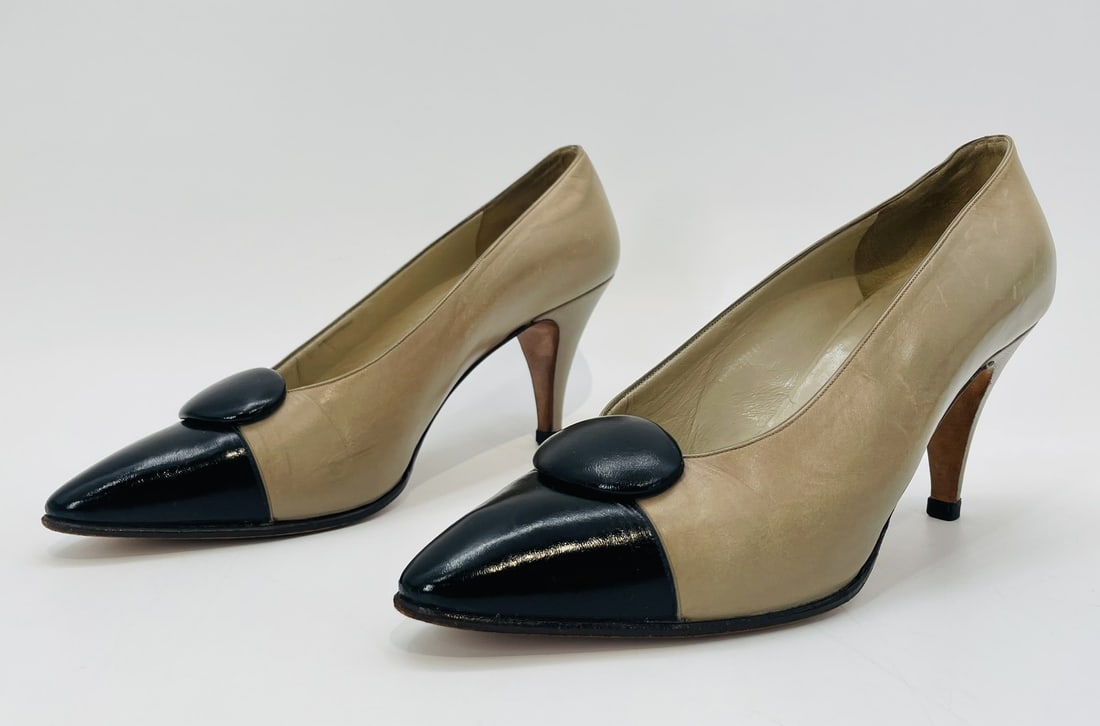 CHANEL  Two-Tone Leather Pumps, Size 37 1/2 in Original Bag, Made in Italy (1 of 20)