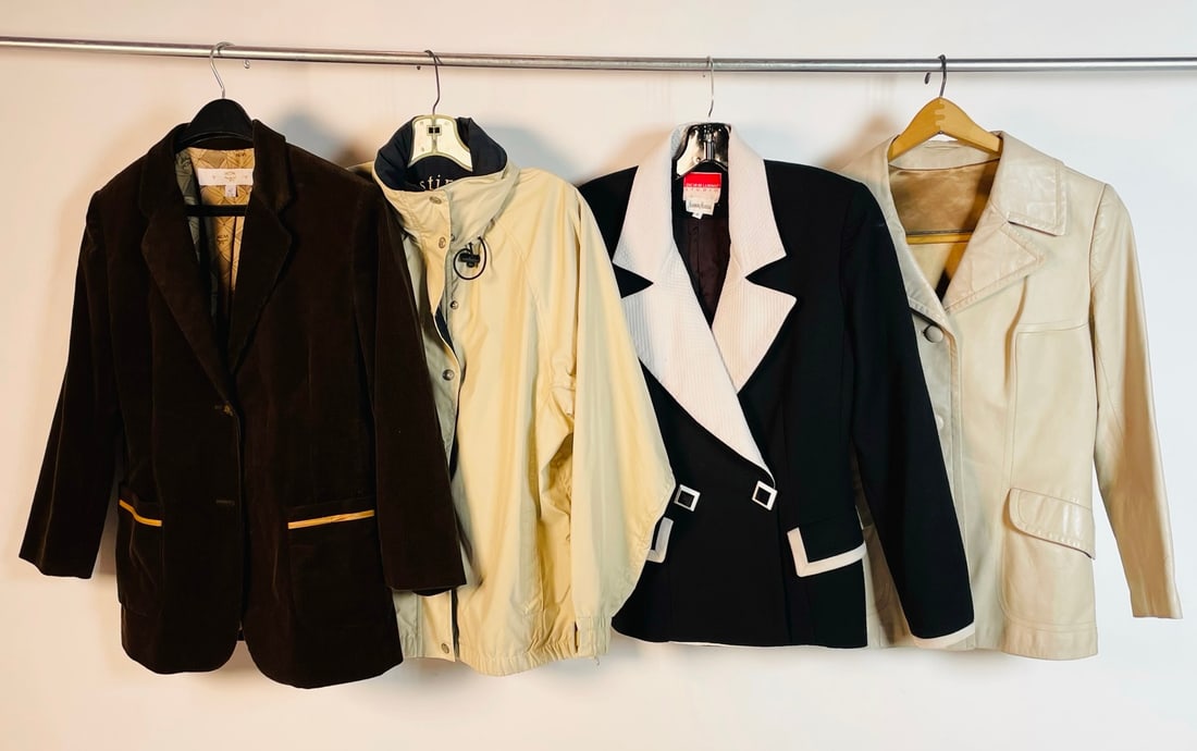 Set of 4 Women's Blazers/Jackets Various Sizes, Brands: Set of 4 Women's Blazers/Jackets Various Sizes, Brands. From left to right in lineup: MCM Women's Blazer made in Italy - size 42 Joey Rodolfo for Grace Leisure Style outdoor jacket made in the USA - s