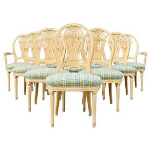 Set of 10 Dining Chairs, 2 Armchairs & 8 Side Chairs, Made in Canada by Lorenz LTD.: Set of ten dining chairs (2 armchairs and 8 side chairs) made in Canada by Lorenz LTD of Montreal. The chairs frames are made in solid wood and upholstered in a checkered fabric. Measurements: Armchai