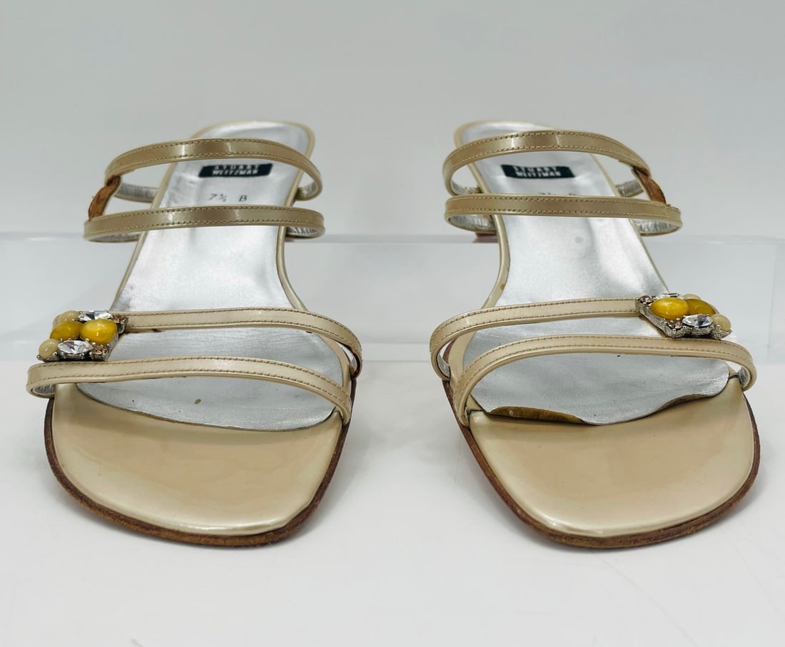 Tan Leather Low Heel Sandals Size 7 1/2 B, Made in Spain by Stuart Weitzman: Tan Leather Low Heel Sandals Size 7 1/2 B, Made in Spain by Stuart Weitzman. Measurements: 3.5 inches high x 3.5 inches wide x 9.625 inches in length. All items are sold as is. The auction house doe