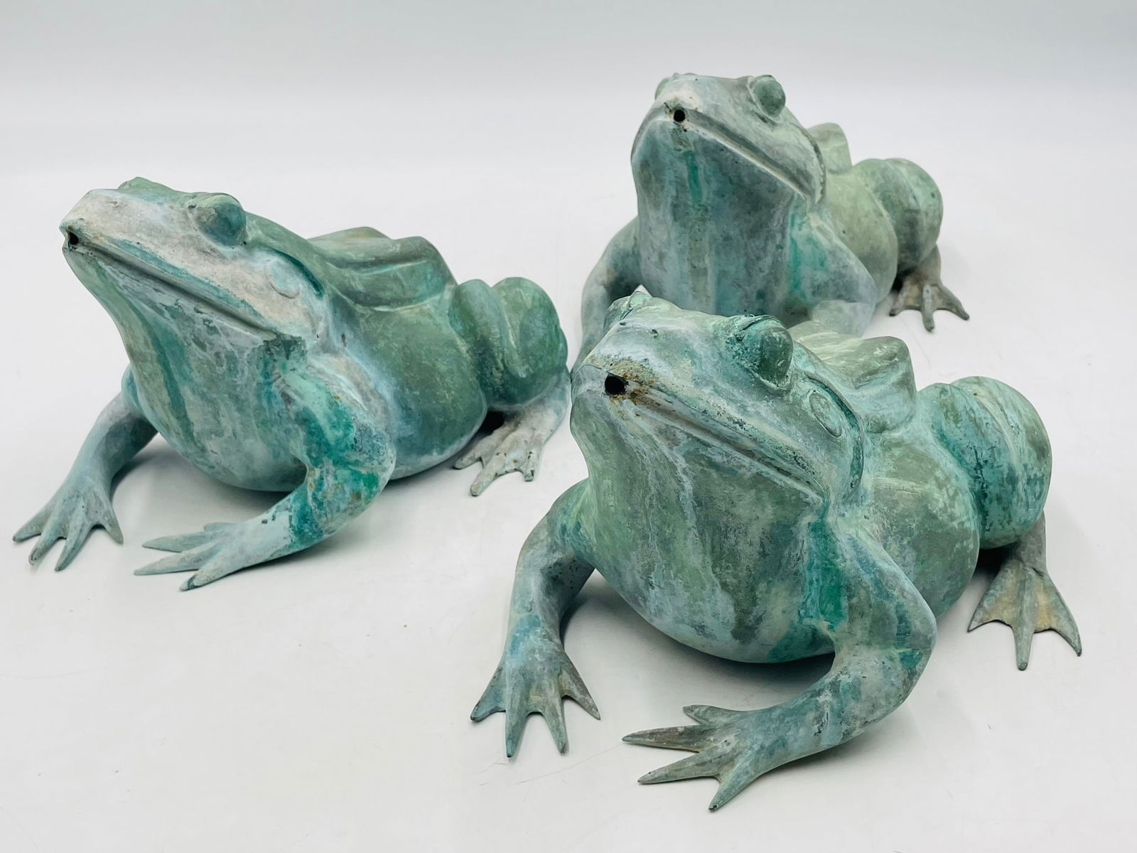 Set of 3 Bronze Frog Sculptures / Fountain Sculpture: Vintage Bull Frog cast bronze sculptures that can be used as a fountain. The pieces show great attention to detail, unsigned. Measurements:6.50 inches high x 8.50 inches wide x 11.50 inches deep (ea