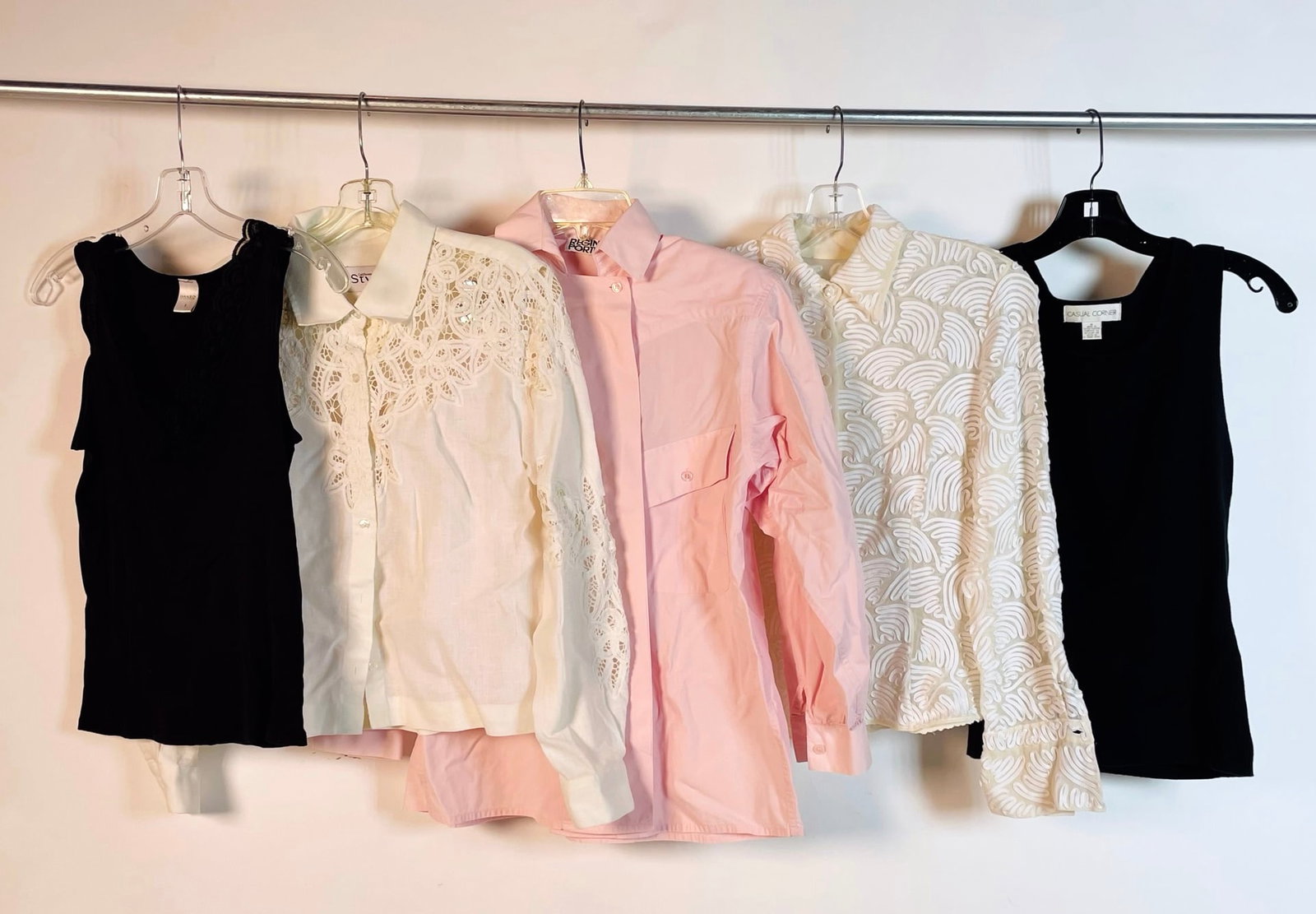Set of 5 Blouses Mixed of Unbranded and Branded, Various Sizes: Set of 5 Blouses Mixed of Unbranded and Branded, Various Sizes. From left to right in lineup: Hanro DF Switzerland - size S California Style cream colored with embroidery long sleeve blouse - no size 