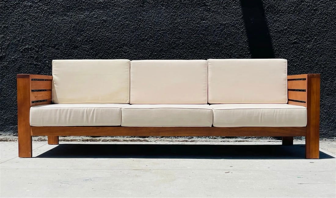 Teak Wood 3 Seater Sofa With Cream Colored Cushions. (1 of 16)