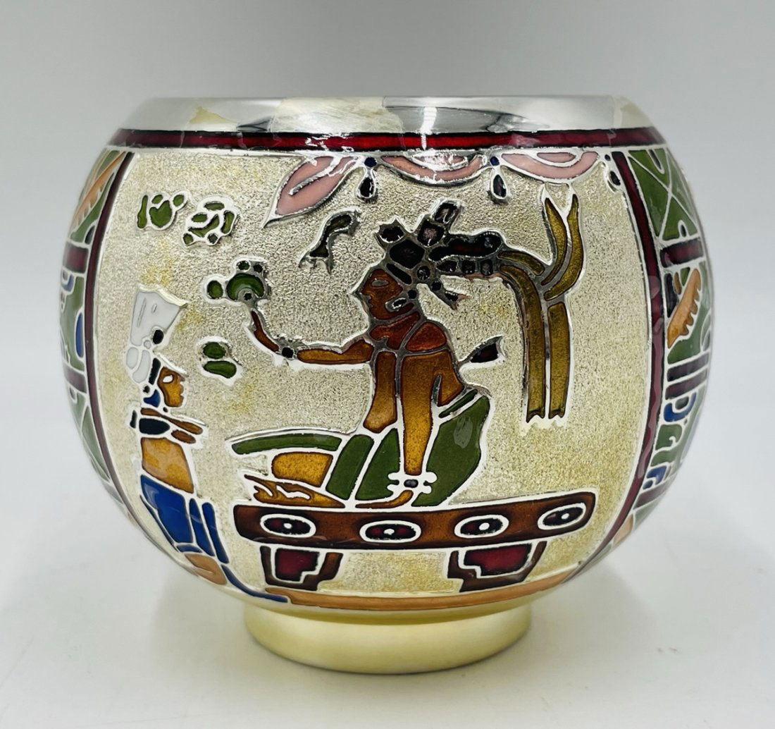 Signed Miguel Pineda 20th Century Enameled Silverplate Aztec/Maya Bowl (1 of 10)