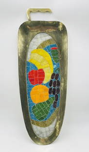 Brass & Mosaic Figurative Tray by Salvador Teran, Mexico 1970s: Brass and Polychrome glass mosaic tray made in Mexico in the 1970's By Salvador Teran. The piece is unmarked. Measurements: 21 inches in length x 7.75 inches deep x 1 inch high. The piece can lay flat