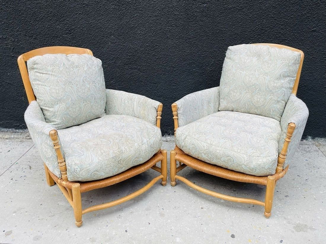 Pair of Large Armchairs by Charles Pollock: Pair of large lounge chairs made in Los Angeles by Charles Pollock Reproductions Inc. Measurements: 33.50 inches wide x 38 inches deep x 37.25 inches high x 17 seat height x 23.50 inches arm height. A