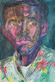 Portrait Waterclor Collage of a Man Wearing a Colorful Shirt, Signed Clark #14, -47 H X 32 W-