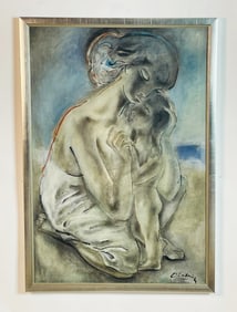 Oil on Canvas of a Mother Embracing a Child by Dietrich Grunewald (1916-2003)