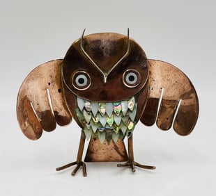 Copper and Abalone Owl Sculpture by Los Castillo
