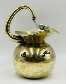 Whimsical Brass & Malachite Water Pitcher by Los Castillo, Mexico 1960s
