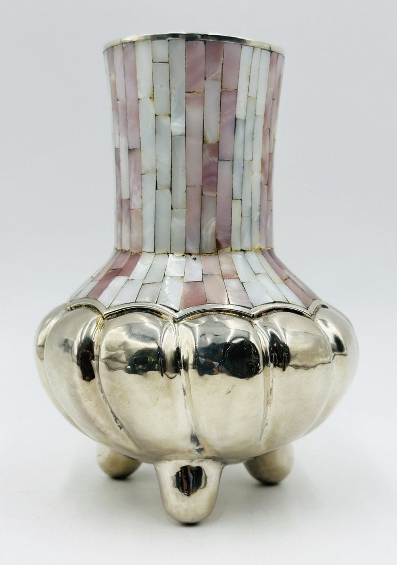 Los Castillo Silver & Mother of Pearl Footed Vase. Mexico 1960s (1 of 12)