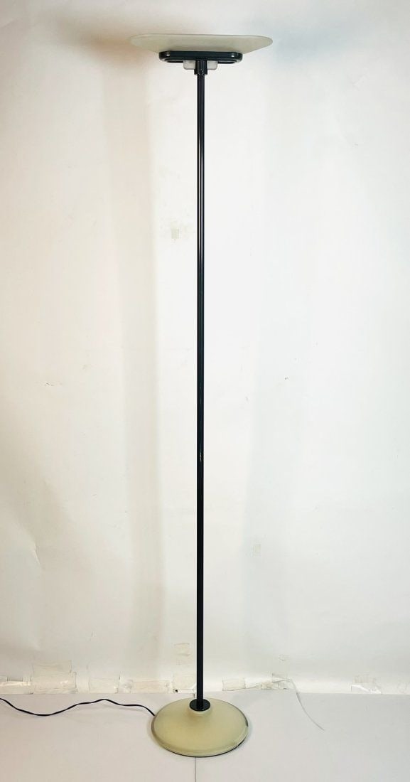 Jill Floor Lamp by Perry King & Santiago Miranda for Arteluce, Italy 1970s: Jill floor lamp by Perry King and Santiago Miranda for Arteluce, Italy 1970s. The lamp has a glass insert at top and at base. The piece retains the label. Measurements: 76.50 inches high x 15 inches w