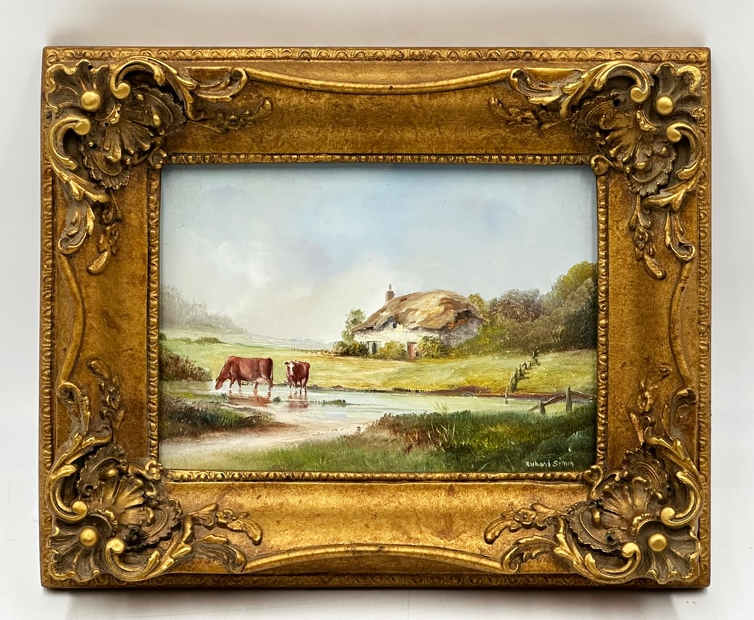 Vintage Painting by Richard Simms (British, b. 1926): Vintage painting by British artist Richard Simms (Britain, 1926)The painting depicts a farmhouse at the edge of a lake, a couple of cows gracing and drinking water out of the lake. This is a beautiful