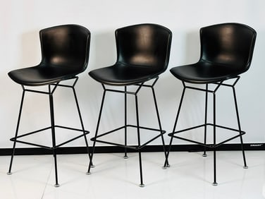 Set of Three Harry Bertoia Leather Barstools for Knoll, Signed & One in Box