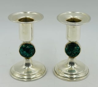 Los Castillo Candle Holders in Silver and Stone Inlay, Mexico 20th Century, Signed