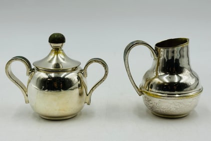 Los Castillo Creamer & Sugar Pot, Silver With Stone Inlay, Mexico 20th Century, Signed