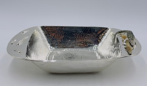 Silver Serving Bowl with a Hardstone Alligator Sculpture by Wolmar Castillo/Los Castillo, Signed