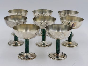 Set of 8 Hammered Silver & Inlaid Malachite Water/Wine Glasses by Los Castillo, Mexico 20th Century