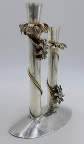 Los Castillo  Sunflower Silver Candle Holders, Mexico Mid 20th Century, Signed
