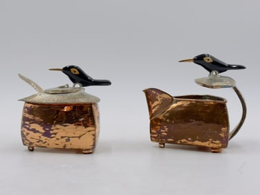 Emilia Castillo Creamer & Sugar Bowl in Silver & Copper, Signed, Mexico Late 20th Century