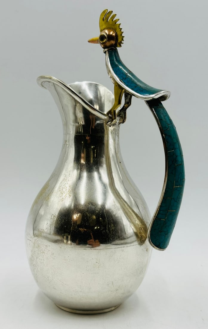 Large Bird of Paradise Silver Pitcher with Stone Inlay by Los Castillo, Mexico Mid 20th Century (1 of 17)
