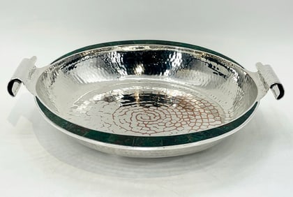 Salad/Serving Bowl in Silver & Malachite by Emilia Castillo, Signed -Mexico 1990s