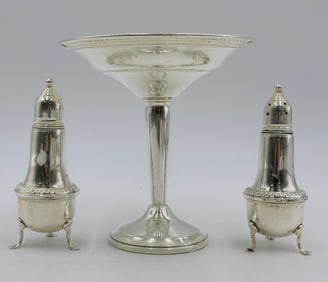 Sterling Silver Compote Together with a Silver Salt & Pepper Shakers