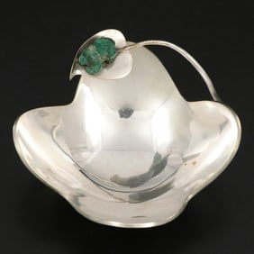 Silver and Malachite Bowl by Los Castillo, Mexico Mid 20th Century.
