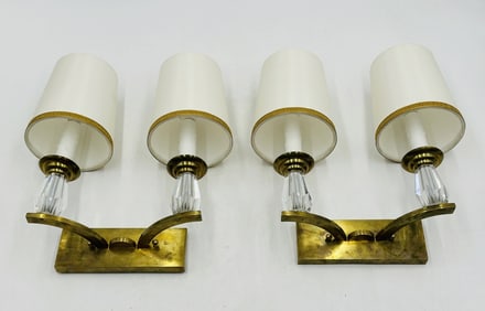 Pair of Vintage Solid Brass & Faceted Crystal Wall Sconces, Jules Leleu Style