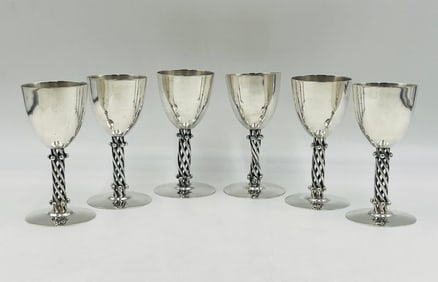 Set of 6 Silver Plated Wine Goblets by Los Castillo, Signed - Mexico 1970's