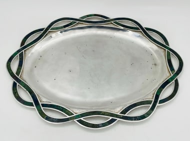 Large Silver & Stone Inlay Serving Tray by Los Castillo, Signed - Mexico 1970's