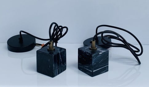 Pair of Brass & Faux Marble Pendant Lights