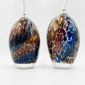 Beatiful Pair of Murano Glass Style Pendant Lights, Signed and Dated