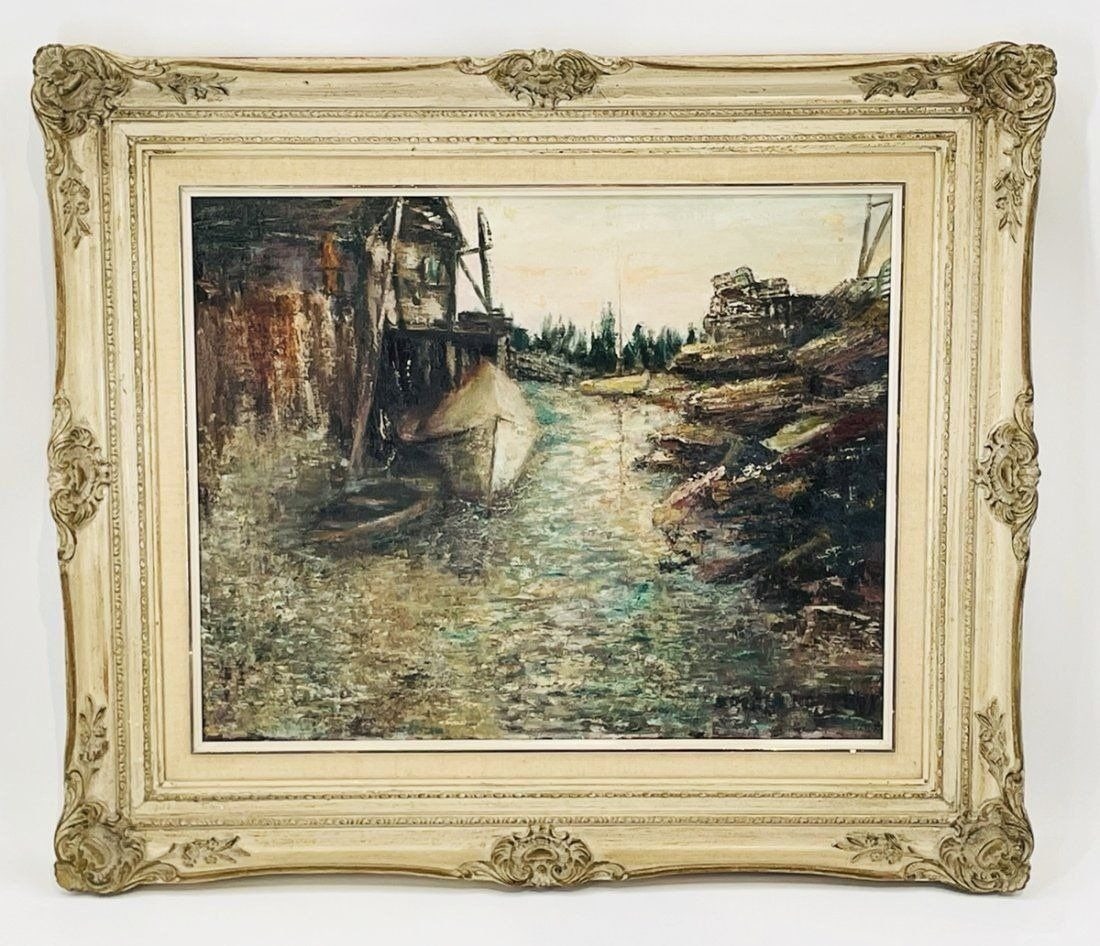 Vintage Oil on Canvas Painting, Signed: Vintage oil on canvas painting depicting a house in the woods, beautiful colors and attention to detail. Signed but not legible. Measurements: 23.50 inches high x 27 5/8 inches wide x 3 inches project