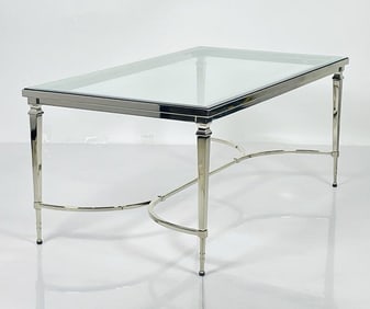 French Style Coffee Table, Polished Nickel with Glass Top.