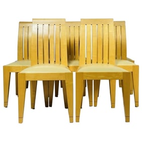 Beautiful set of 8 dining chairs in the Art Deco style in blonde wood and leather upholstery.